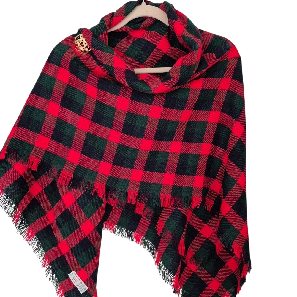 Vintage Gina Ruccini Acrylic Red Green Plaid Scarf Shawl With Brooch